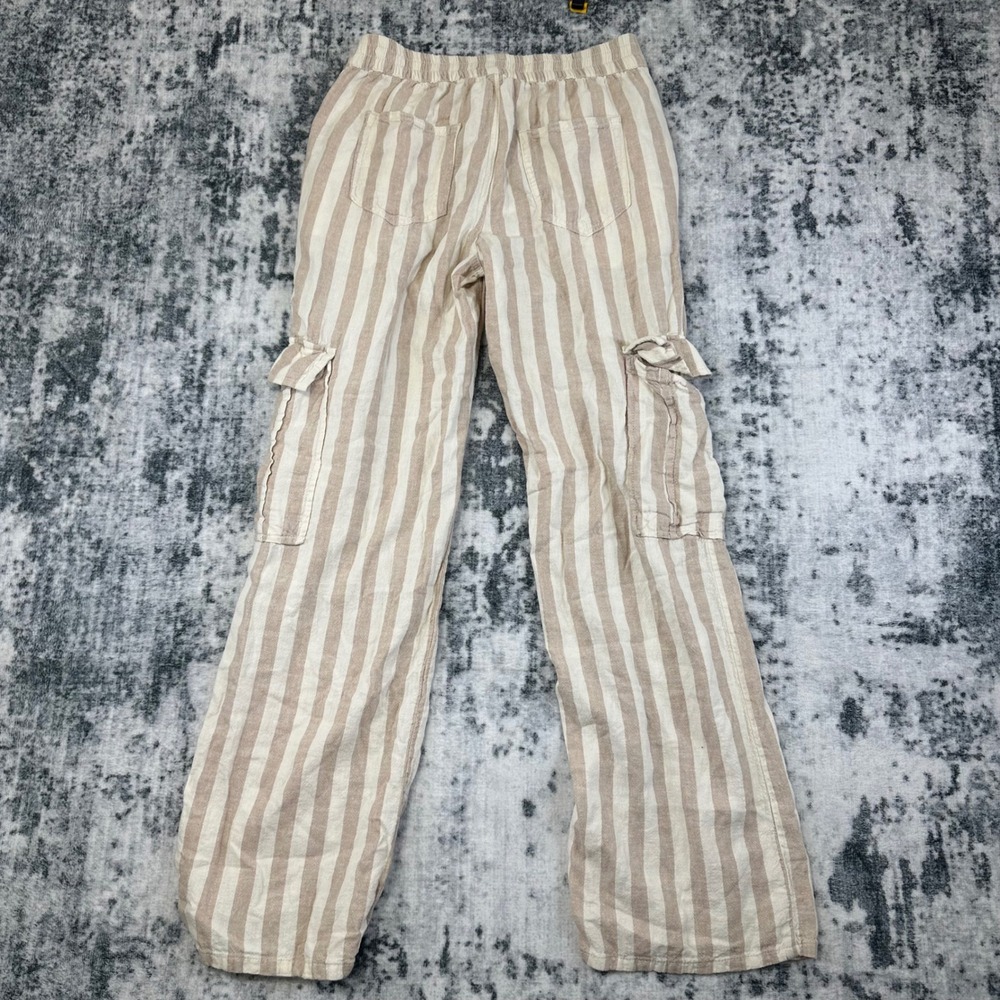 RSQ Cargo Pants Women XS Tan Striped Linen Blend Wide Leg Casual Coastal Utility - Picture 3 of 9